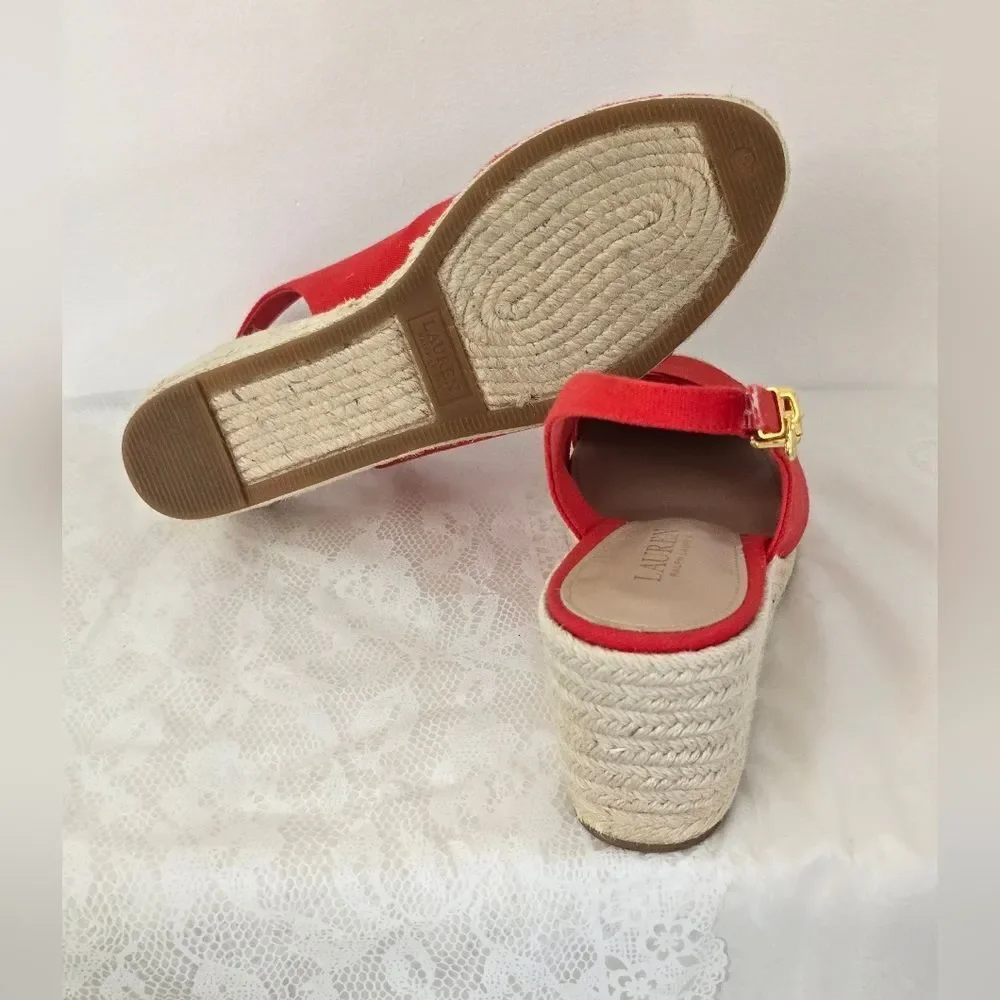 Lauren Ralph Lauren Red Slingback Espadrille Wedges New